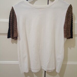 Zara womens white tshirt with black brown laced sleeves